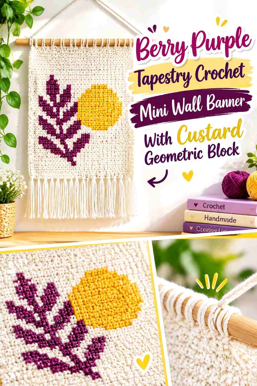 Berry Purple Tapestry Crochet Mini Wall Banner With Custard Geometric Block