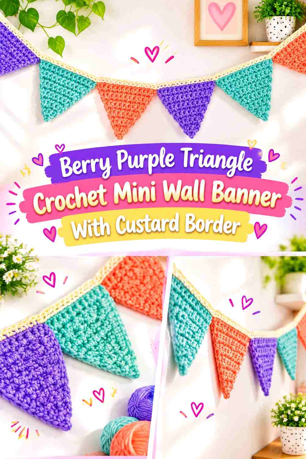 Berry Purple Triangle Crochet Mini Wall Banner With Custard Border