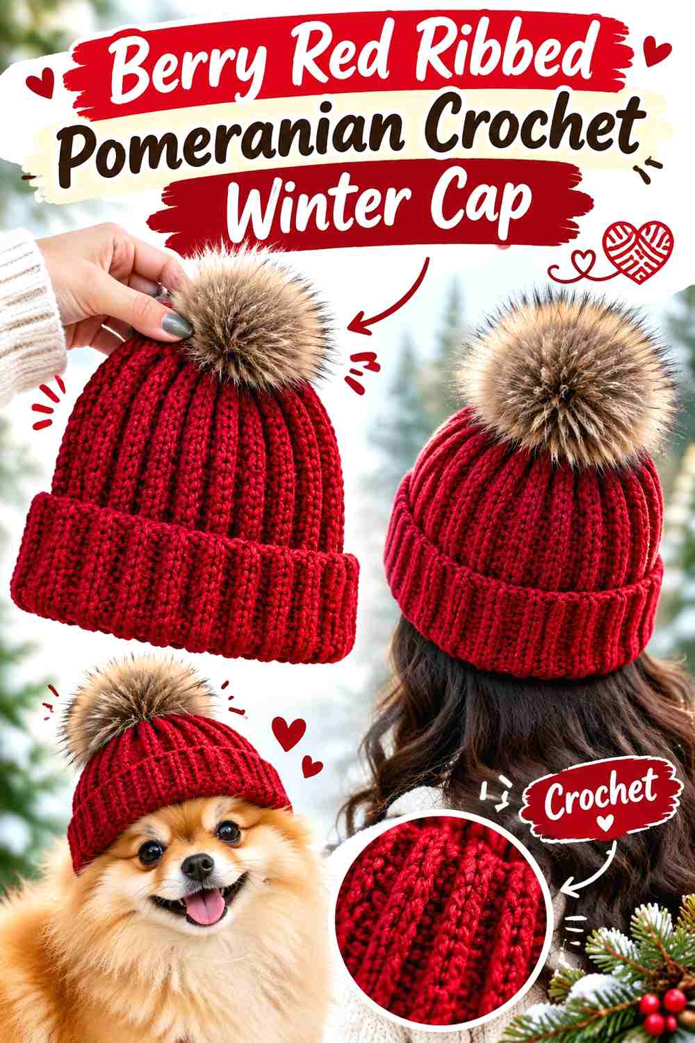 Berry Red Ribbed Pomeranian Crochet Winter Cap