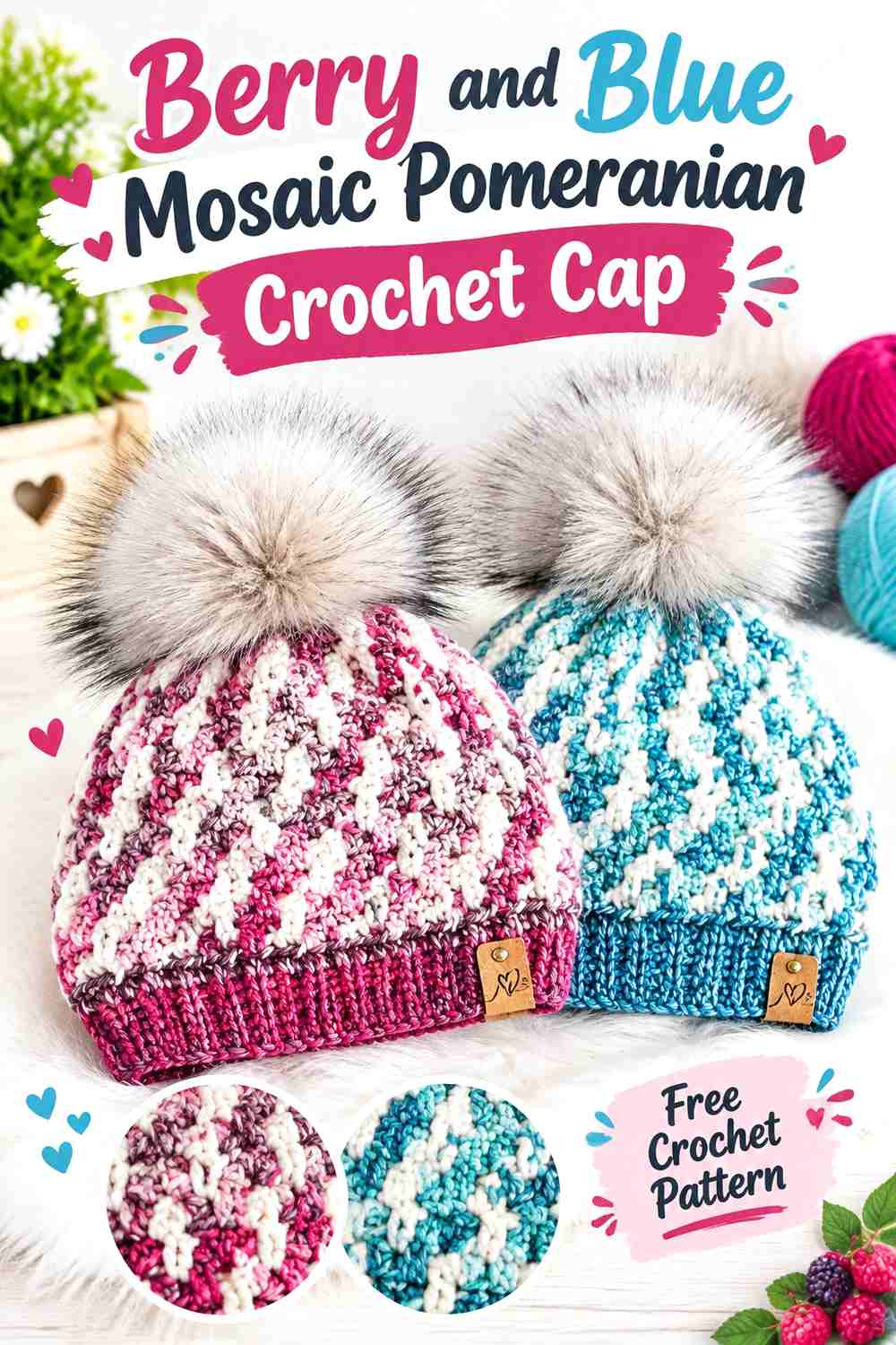 Berry and Blue Mosaic Pomeranian Crochet Cap