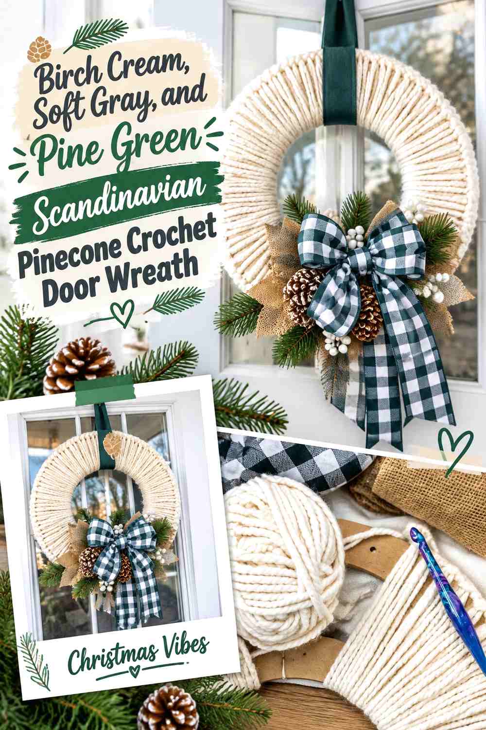 Birch Cream, Soft Gray, and Pine Green Scandinavian Pinecone Crochet Door Wreath