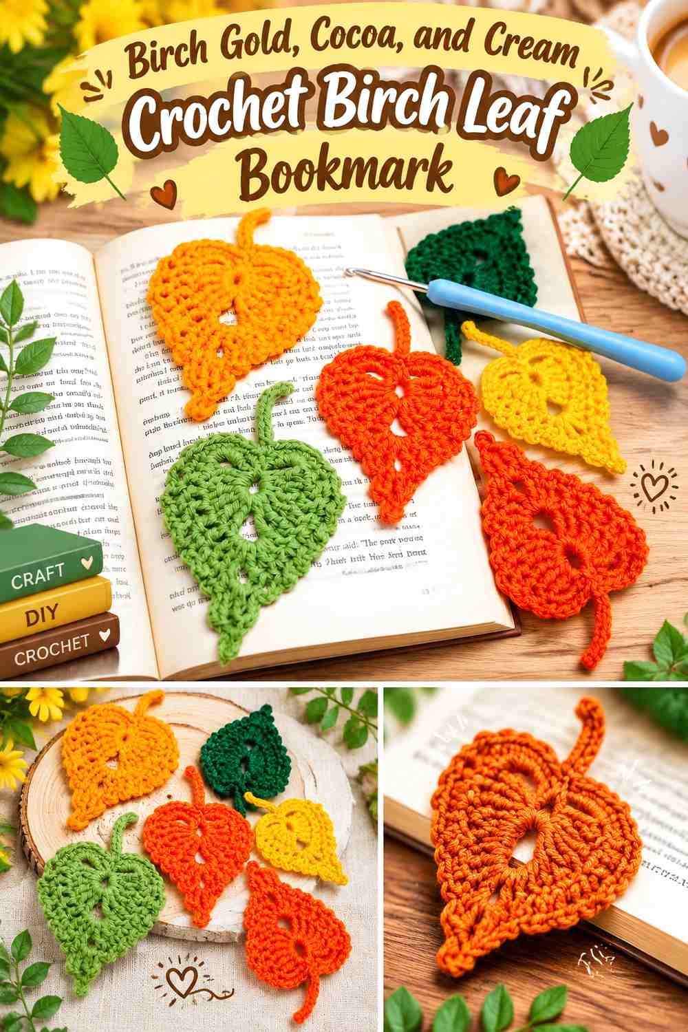 Birch Gold, Cocoa, and Cream Crochet Birch Leaf Bookmark