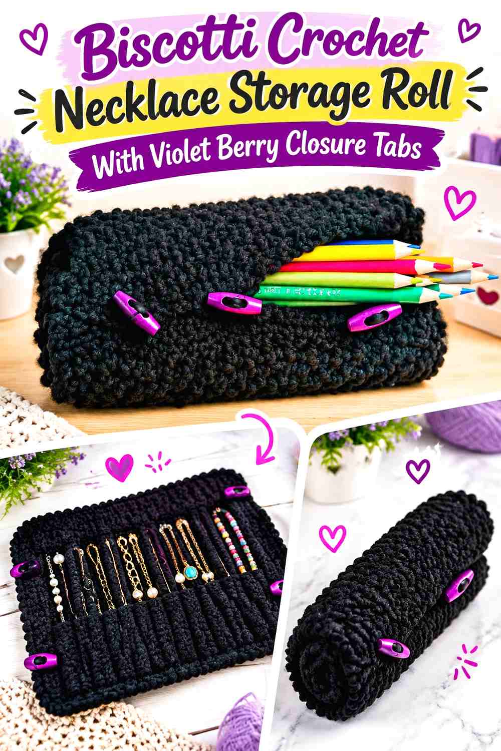 Biscotti Crochet Necklace Storage Roll With Violet Berry Closure Tabs