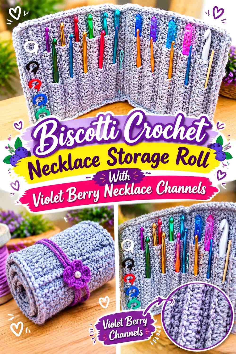 Biscotti Crochet Necklace Storage Roll With Violet Berry Necklace Channels