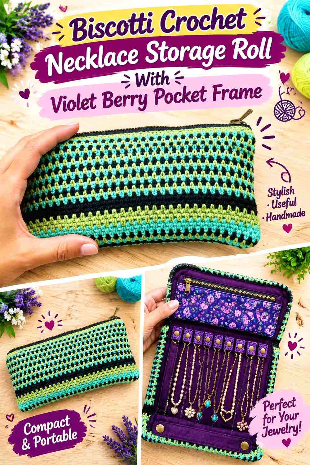 Biscotti Crochet Necklace Storage Roll With Violet Berry Pocket Frame