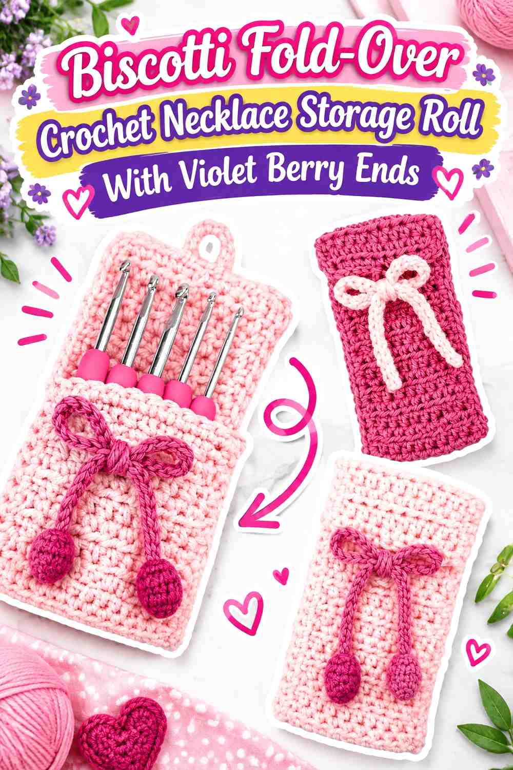 Biscotti Fold Over Crochet Necklace Storage Roll With Violet Berry Ends