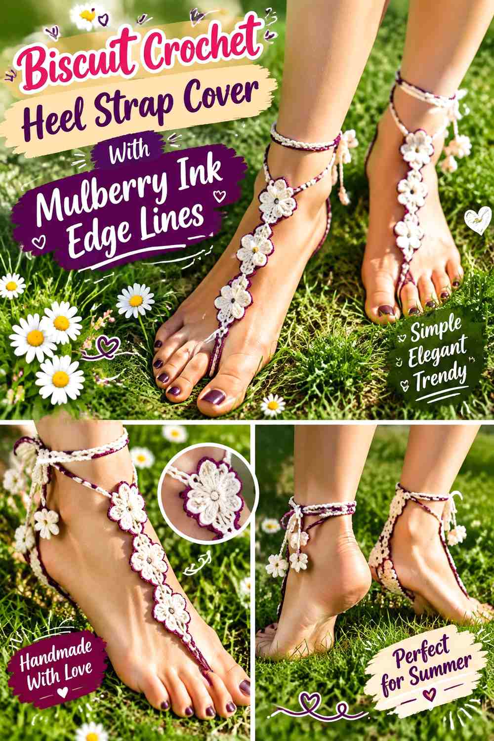 Biscuit Crochet Heel Strap Cover With Mulberry Ink Edge Lines