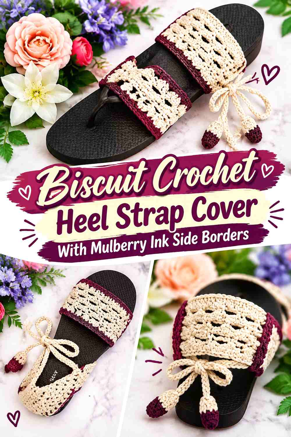 Biscuit Crochet Heel Strap Cover With Mulberry Ink Side Borders