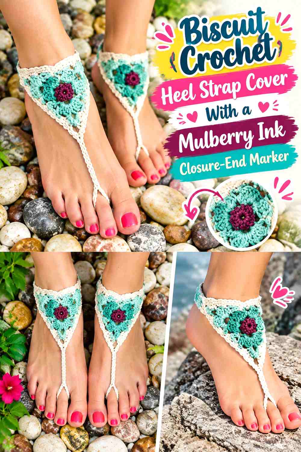 Biscuit Crochet Heel Strap Cover With a Mulberry Ink Closure-End Marker