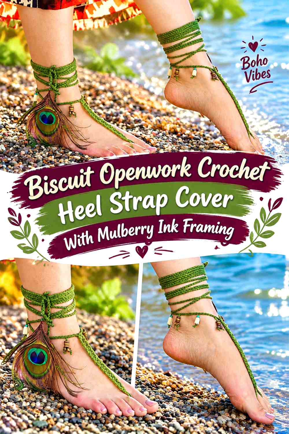 Biscuit Openwork Crochet Heel Strap Cover With Mulberry Ink Framing