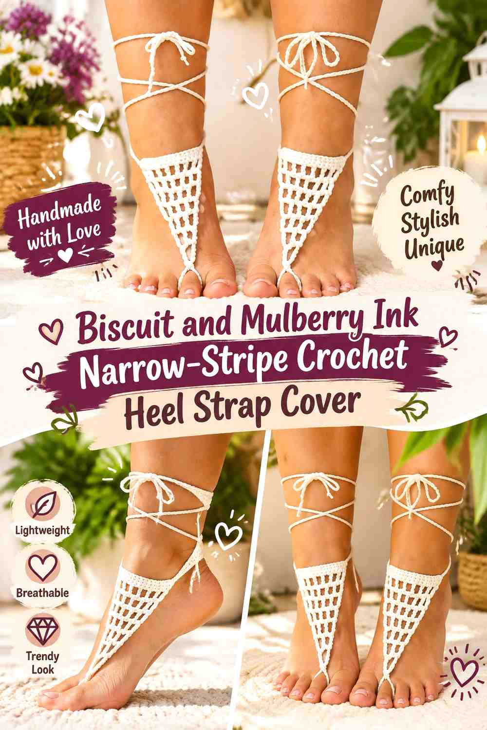 Biscuit and Mulberry Ink Narrow-Stripe Crochet Heel Strap Cover