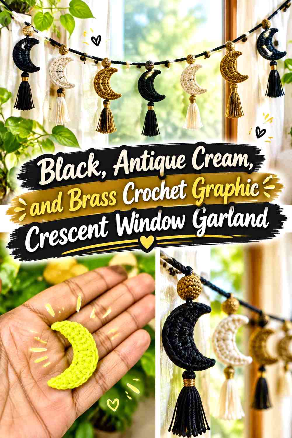 Black, Antique Cream, and Brass Crochet Graphic Crescent Window Garland