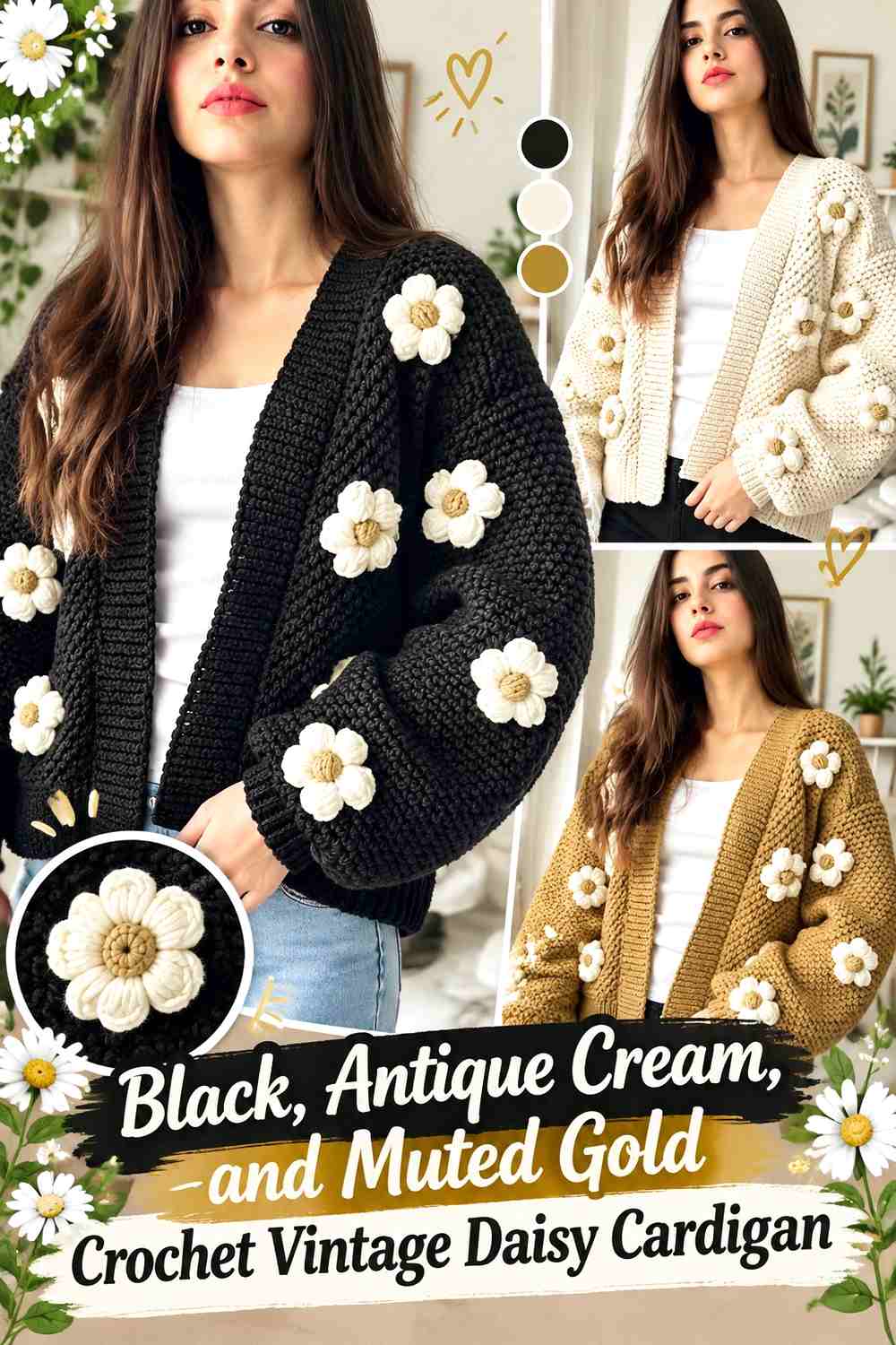 Black, Antique Cream, and Muted Gold Crochet Vintage Daisy Cardigan