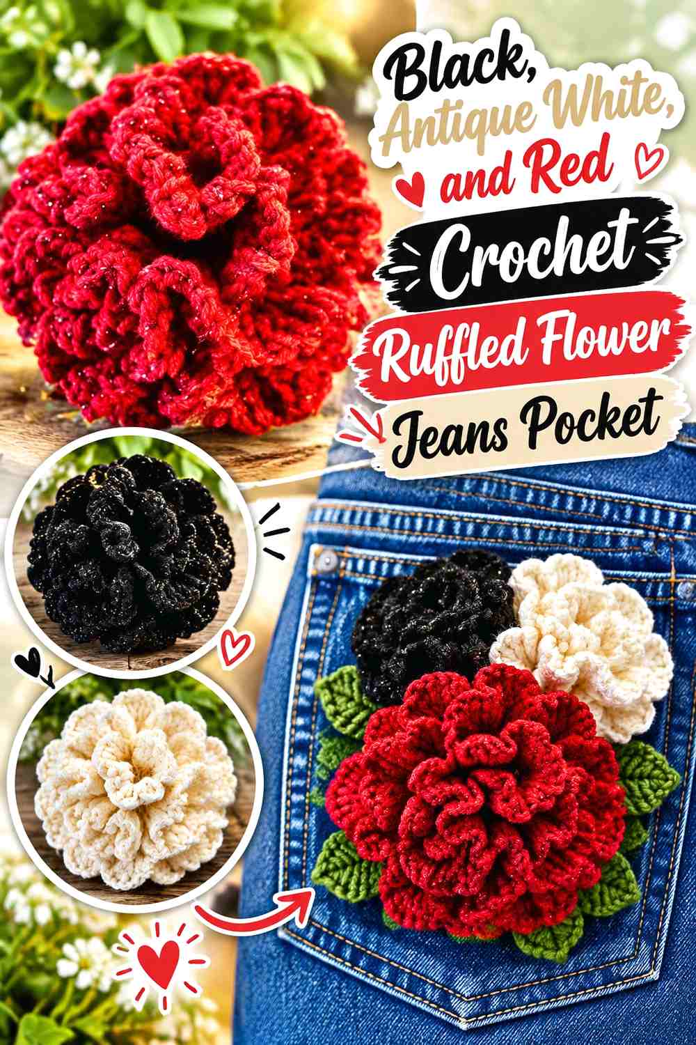 Black, Antique White, and Red Crochet Ruffled Flower Jeans Pocket