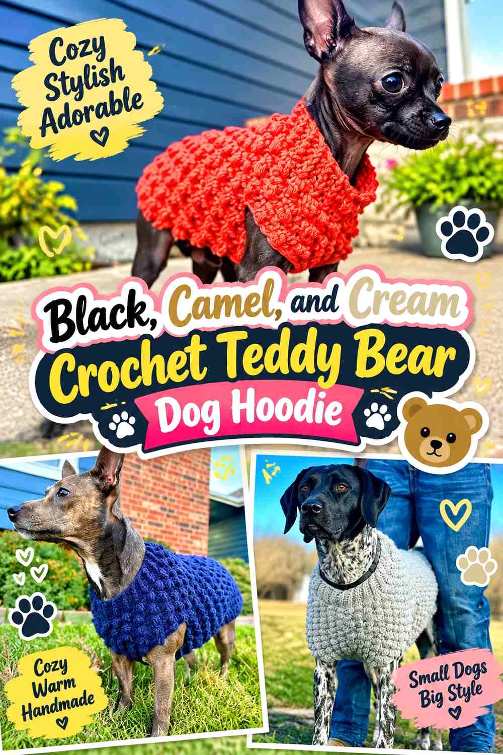 Black, Camel, and Cream Crochet Teddy Bear Dog Hoodie