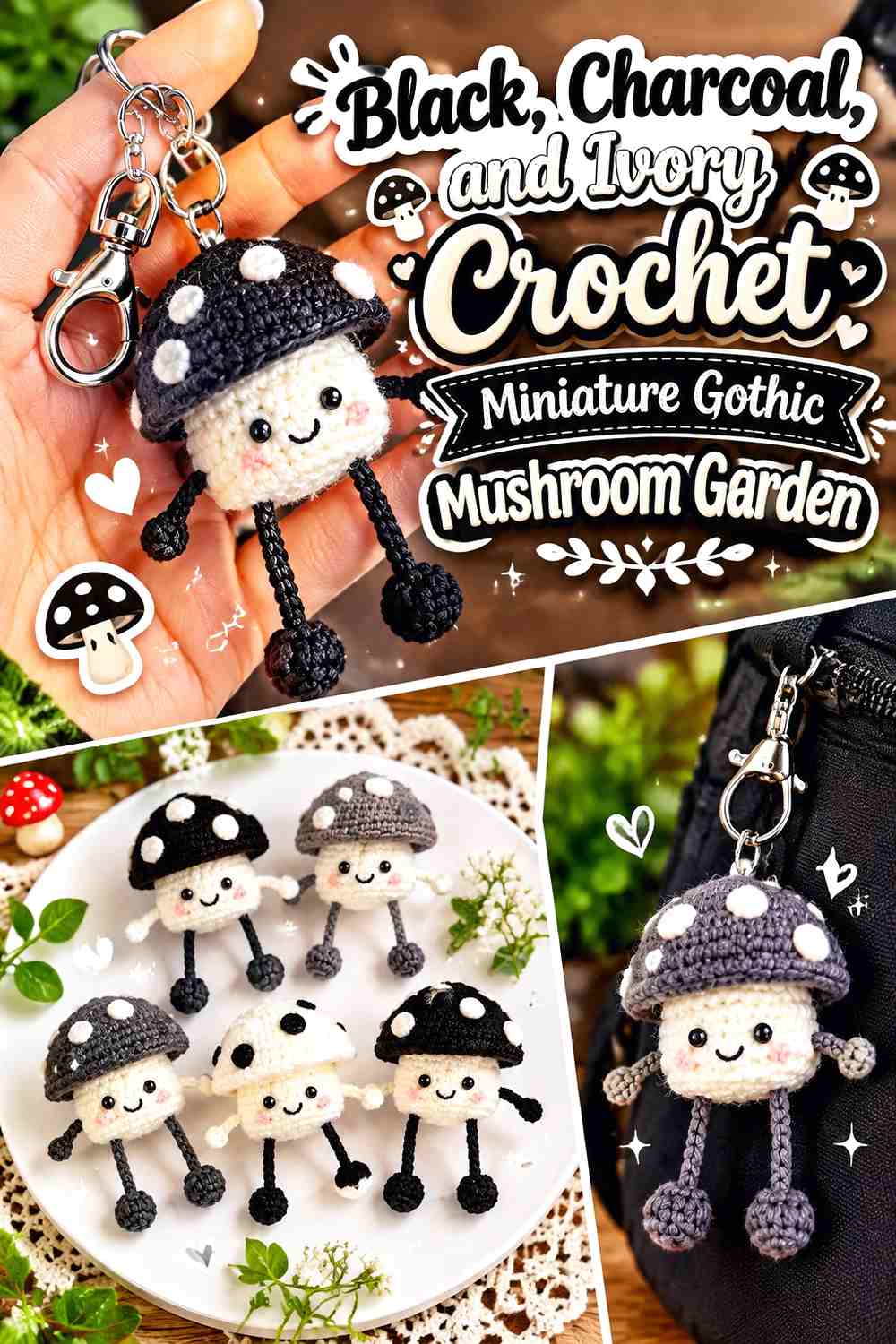 Black, Charcoal, and Ivory Crochet Miniature Gothic Mushroom Garden
