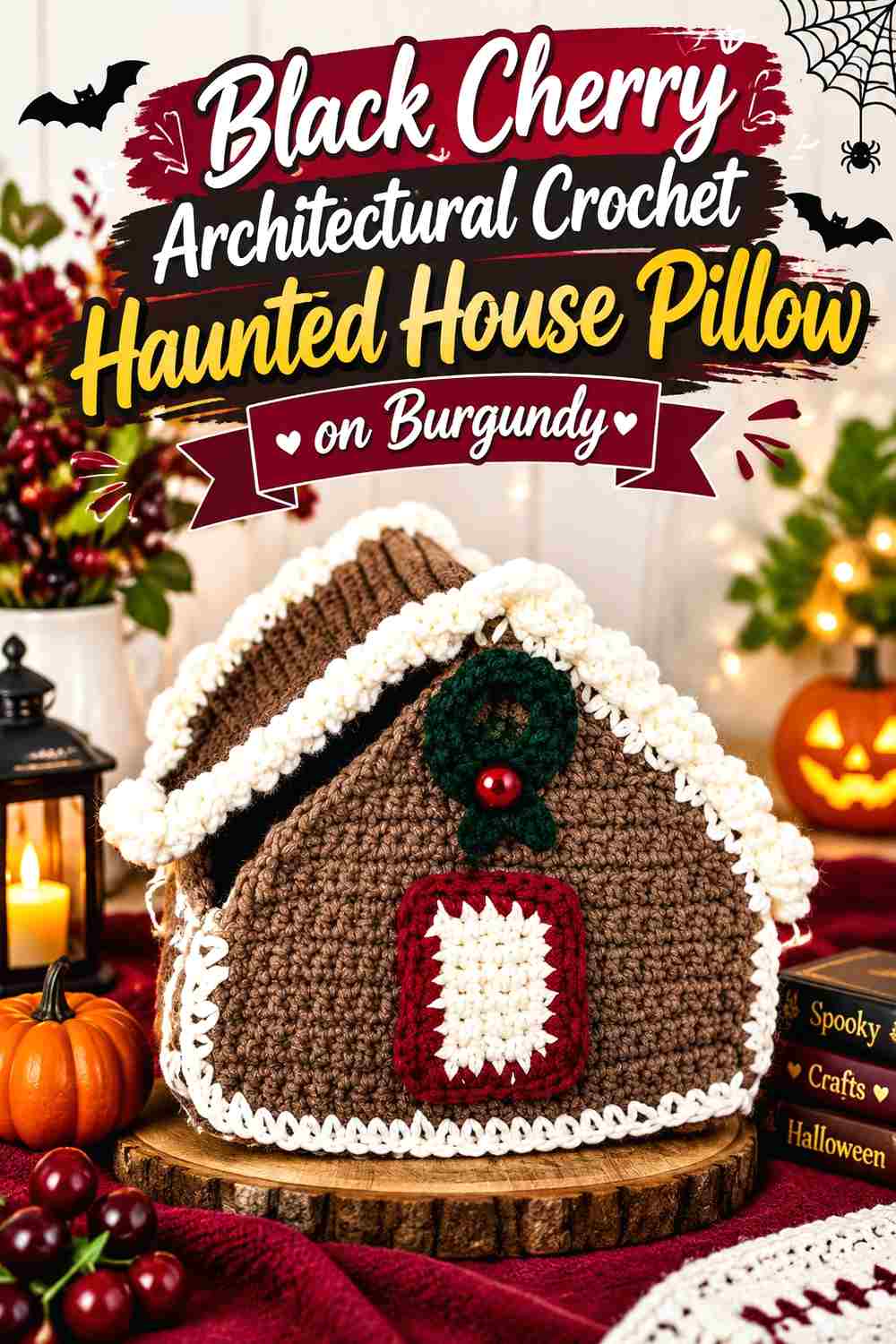 14. Black Cherry Architectural Crochet Haunted House Pillow On Burgundy