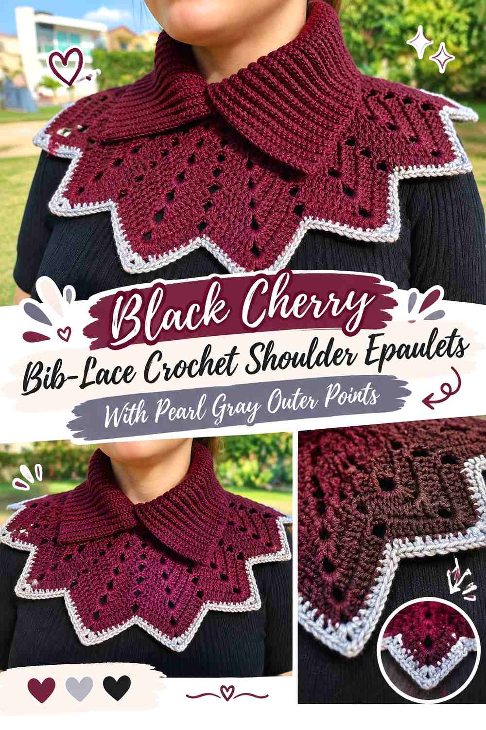 Black Cherry Bib-Lace Crochet Shoulder Epaulets With Pearl Gray Outer Points