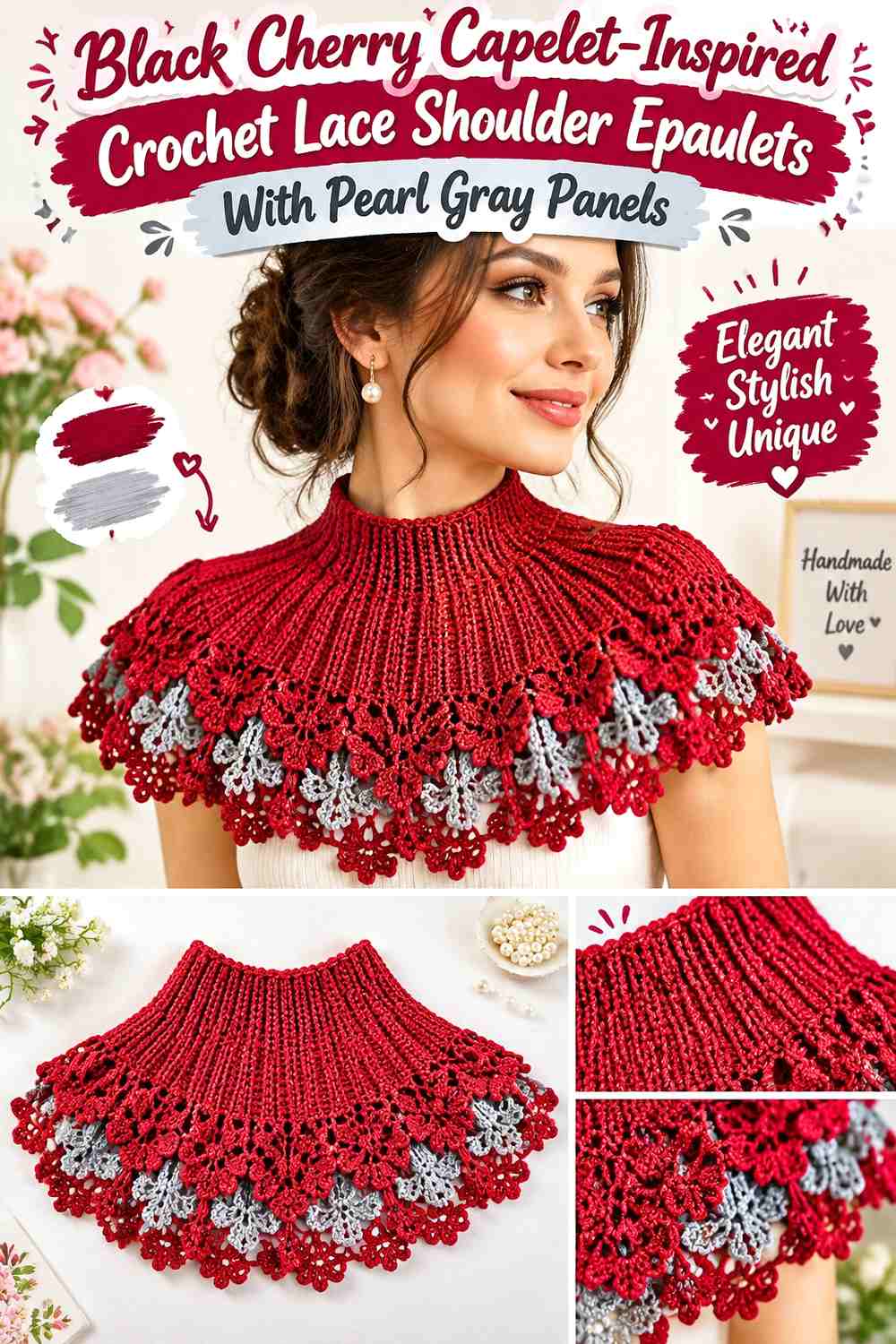 Black Cherry Capelet-Inspired Crochet Lace Shoulder Epaulets With Pearl Gray Panels