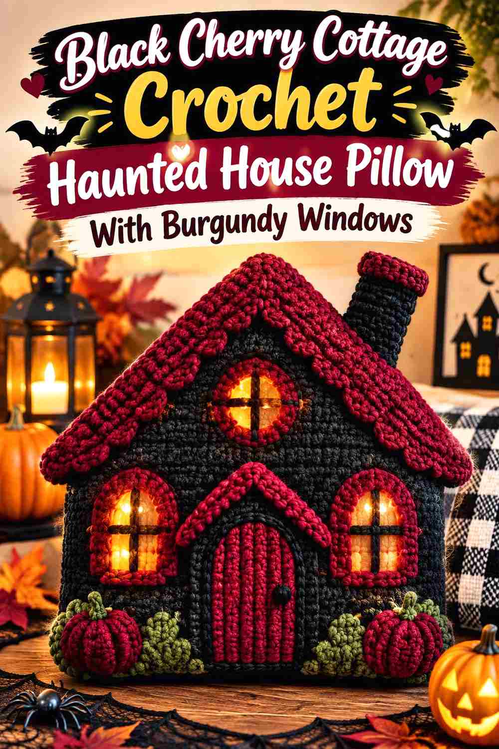 8. Black Cherry Cottage Crochet Haunted House Pillow With Burgundy Windows