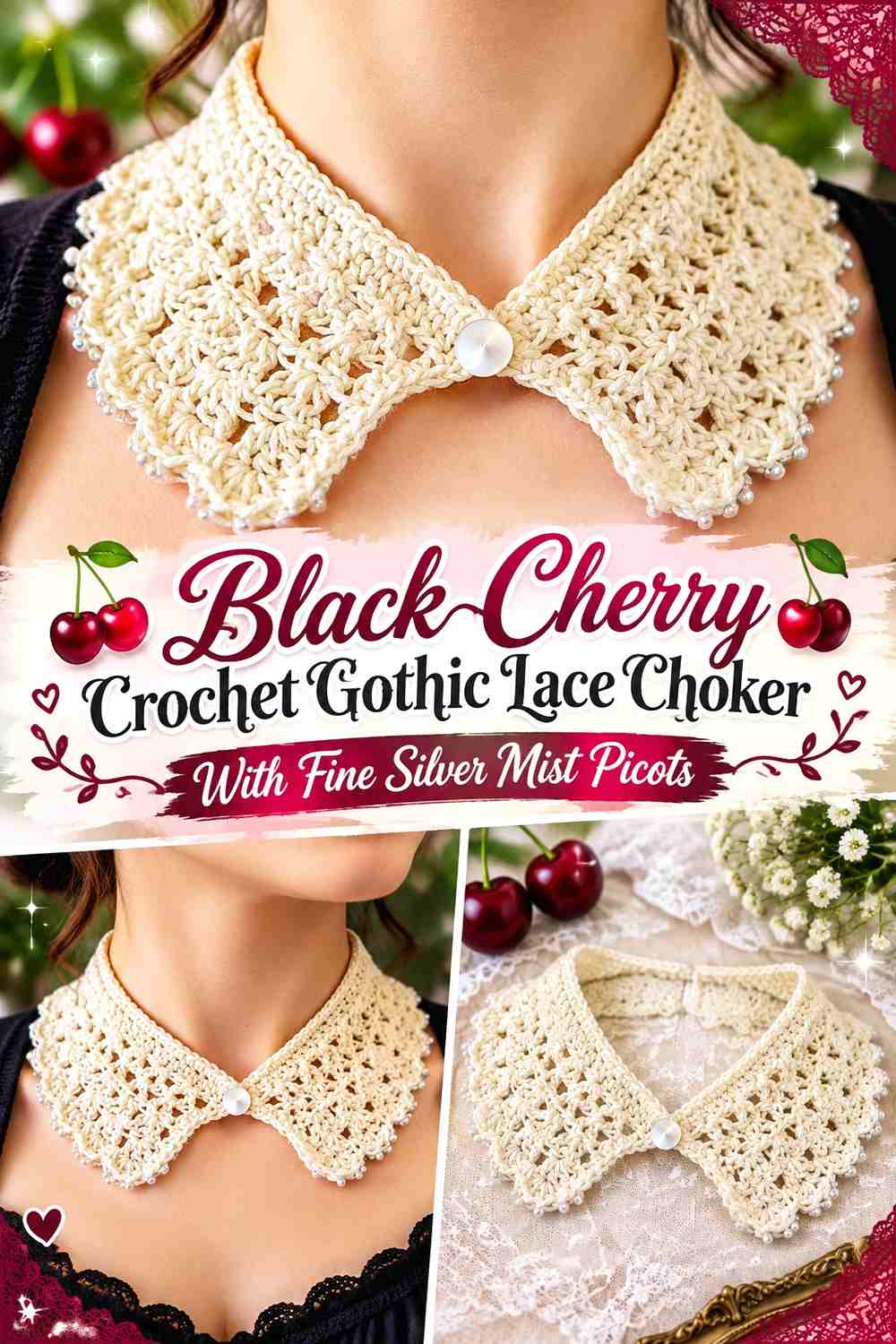 Black Cherry Crochet Gothic Lace Choker With Fine Silver Mist Picots