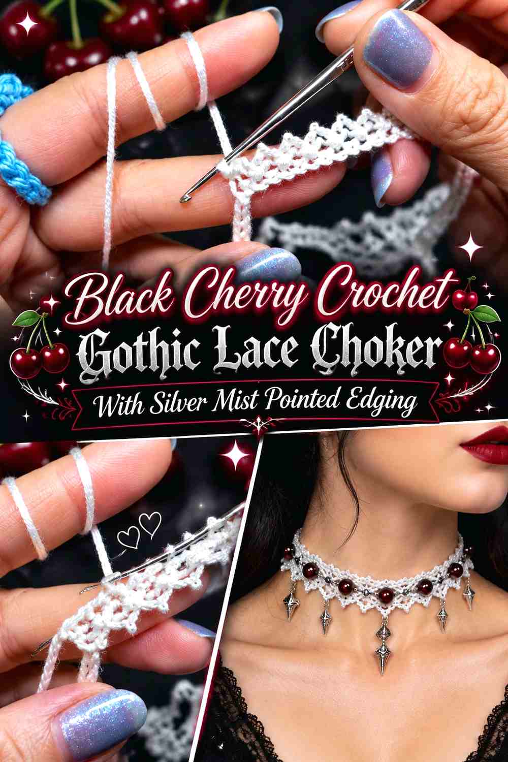 Black Cherry Crochet Gothic Lace Choker With Silver Mist Pointed Edging