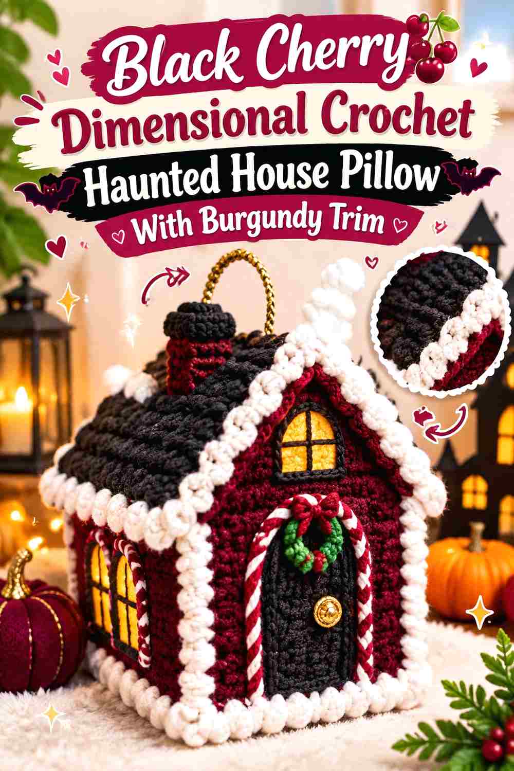 12. Black Cherry Dimensional Crochet Haunted House Pillow With Burgundy Trim