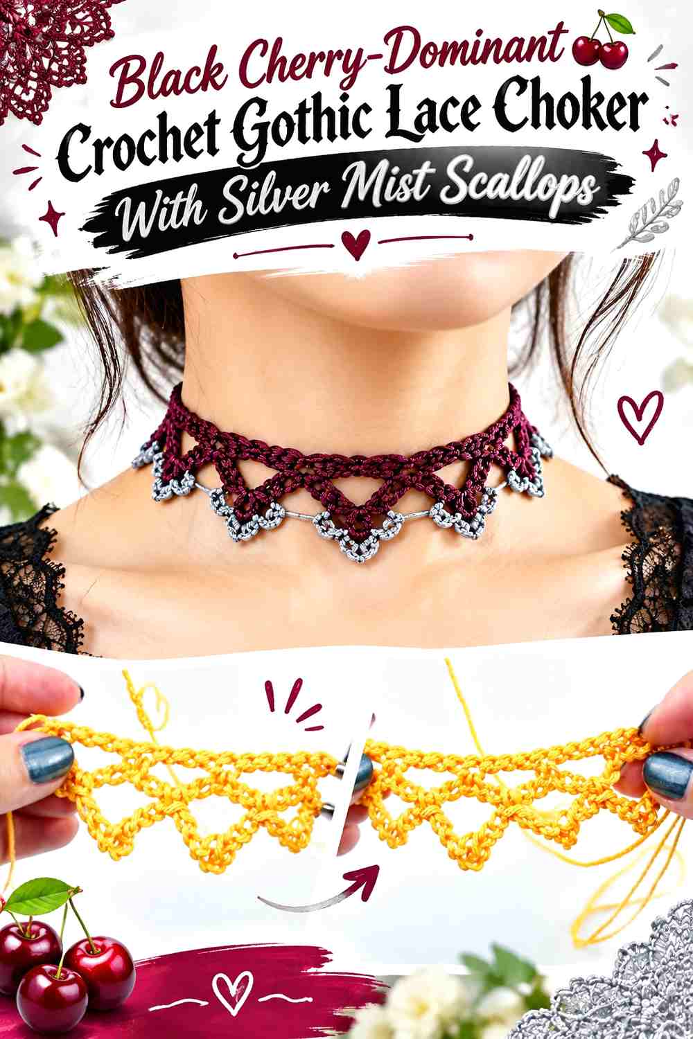 Black Cherry-Dominant Crochet Gothic Lace Choker With Silver Mist Scallops