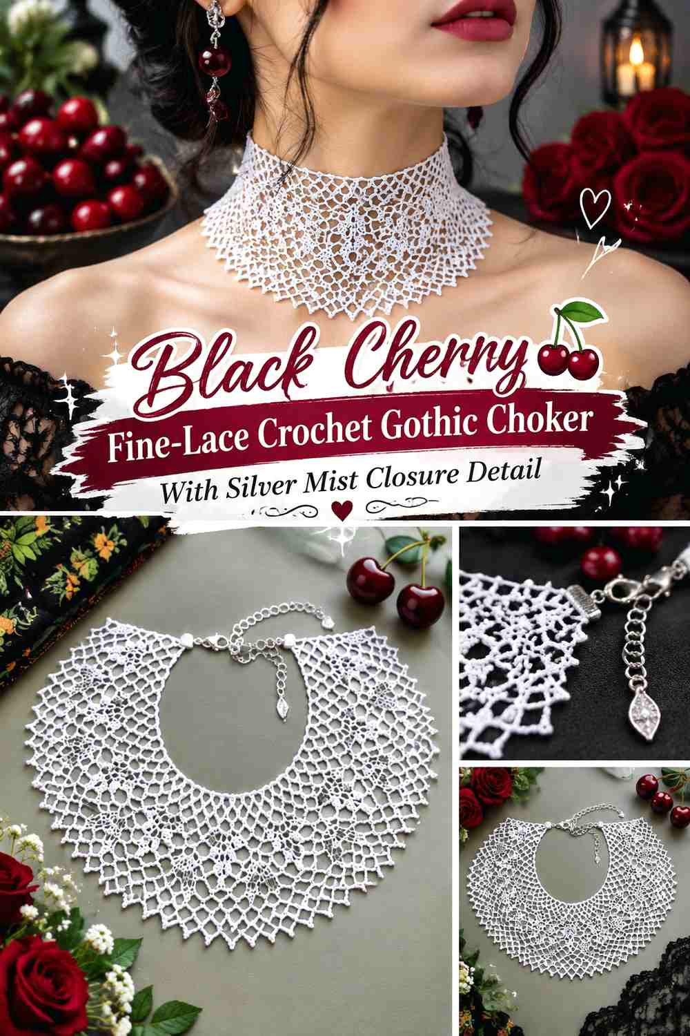 Black Cherry Fine-Lace Crochet Gothic Choker With Silver Mist Closure Detail