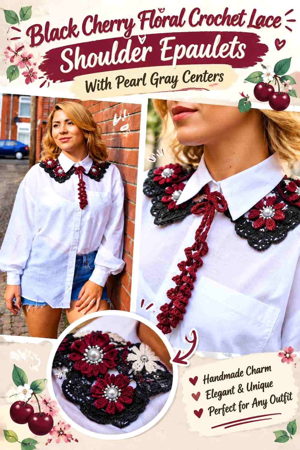 Black Cherry Floral Crochet Lace Shoulder Epaulets With Pearl Gray Centers