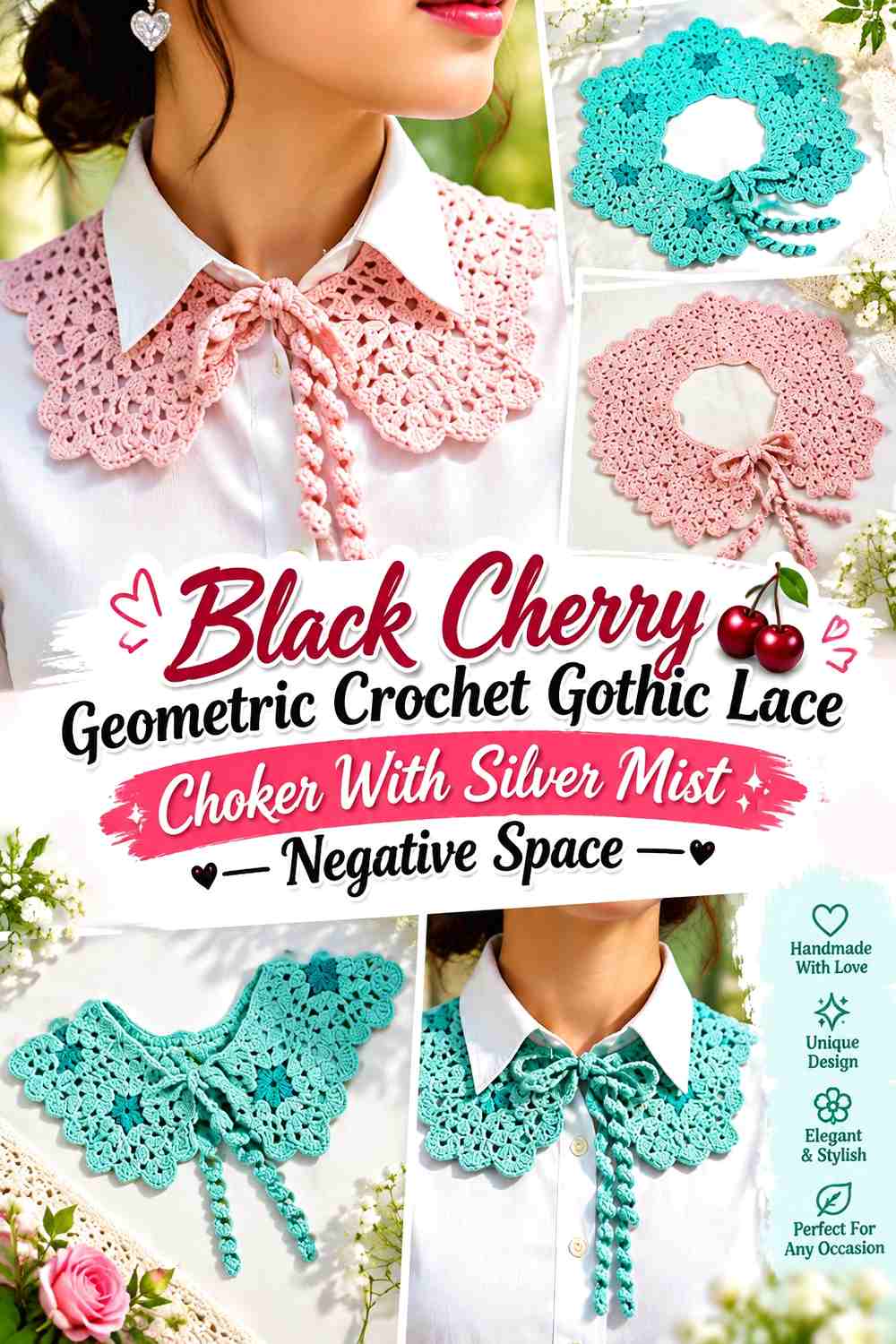Black Cherry Geometric Crochet Gothic Lace Choker With Silver Mist Negative Space