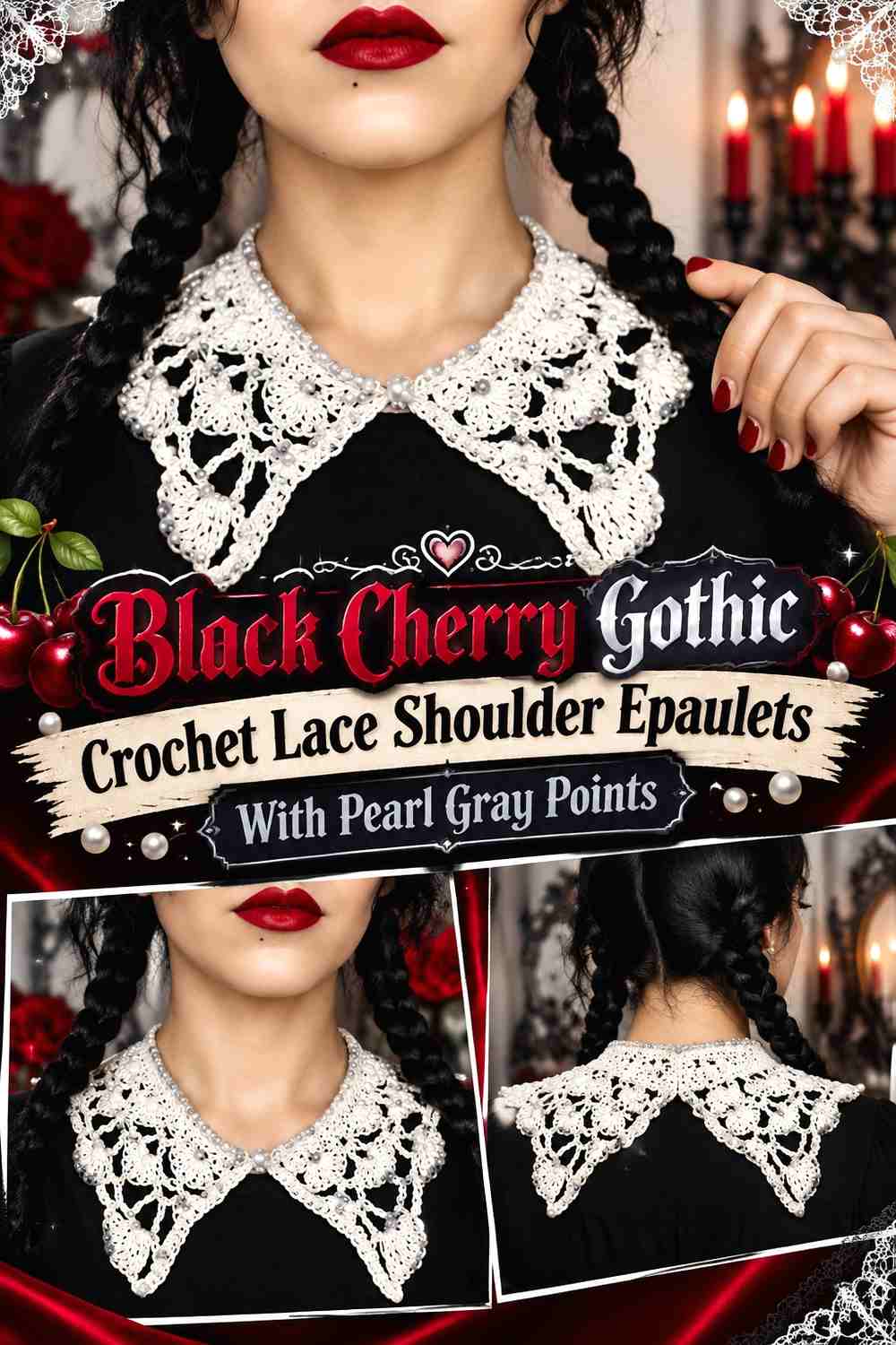 Black Cherry Gothic Crochet Lace Shoulder Epaulets With Pearl Gray Points
