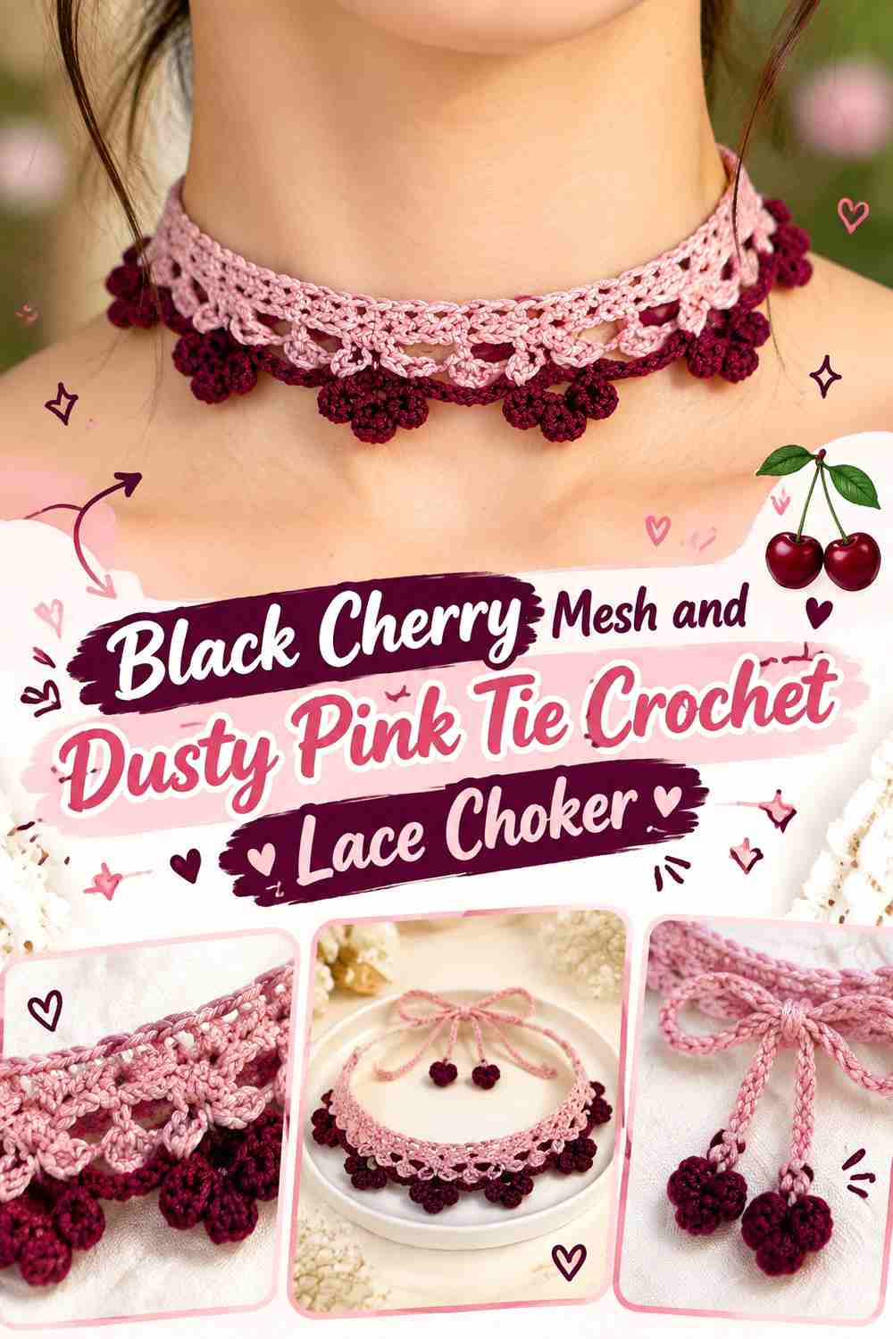 11. Black Cherry Mesh And Dusty Pink Tie Crochet Lace Choker