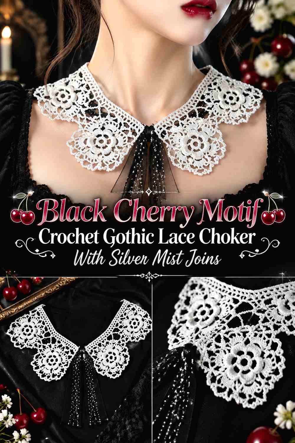 Black Cherry Motif Crochet Gothic Lace Choker With Silver Mist Joins
