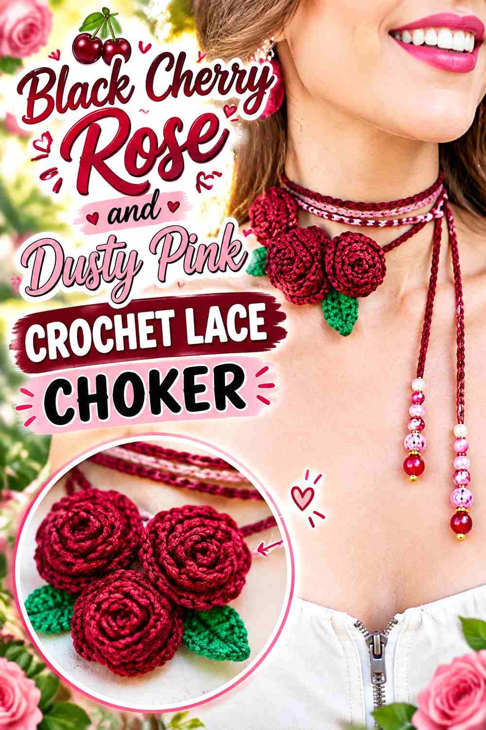 9. Black Cherry Rose And Dusty Pink Crochet Lace Choker