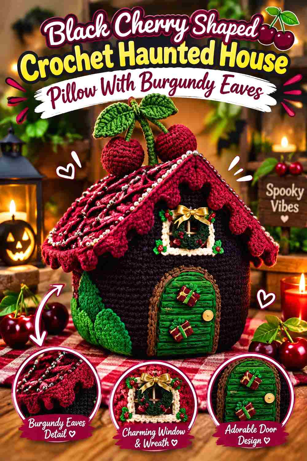 4. Black Cherry Shaped Crochet Haunted House Pillow With Burgundy Eaves