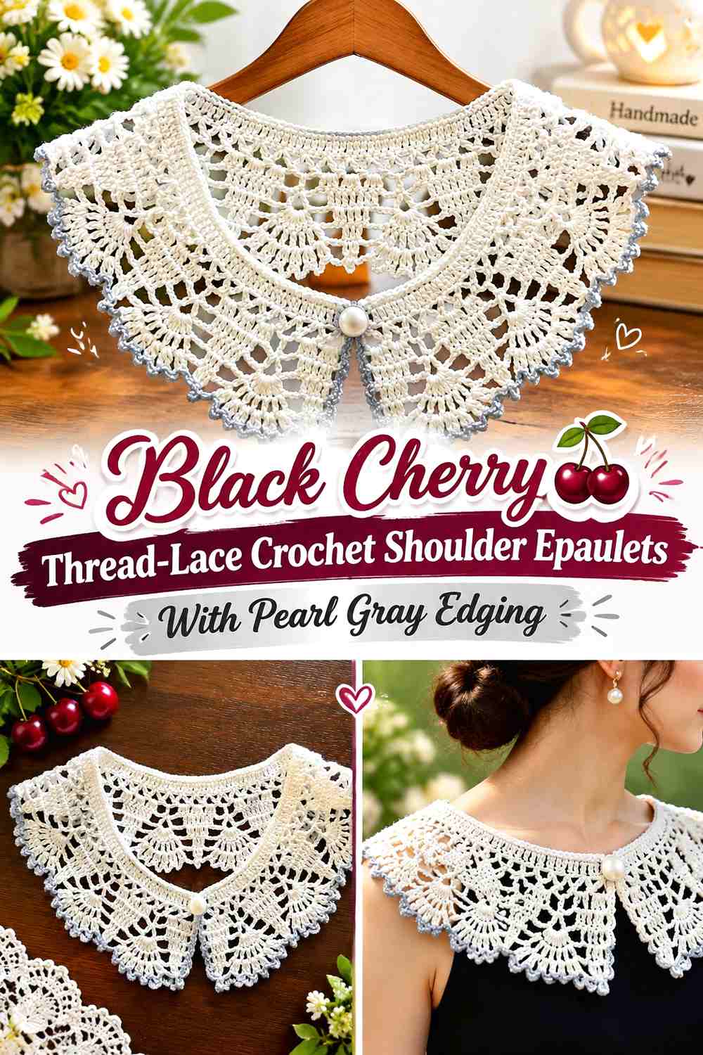 Black Cherry Thread-Lace Crochet Shoulder Epaulets With Pearl Gray Edging