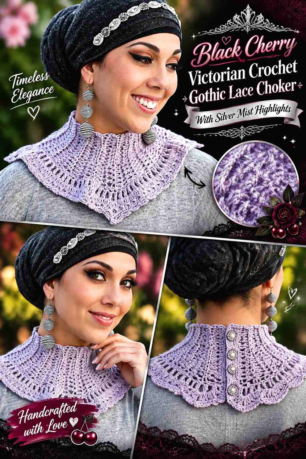 Black Cherry Victorian Crochet Gothic Lace Choker With Silver Mist Highlights
