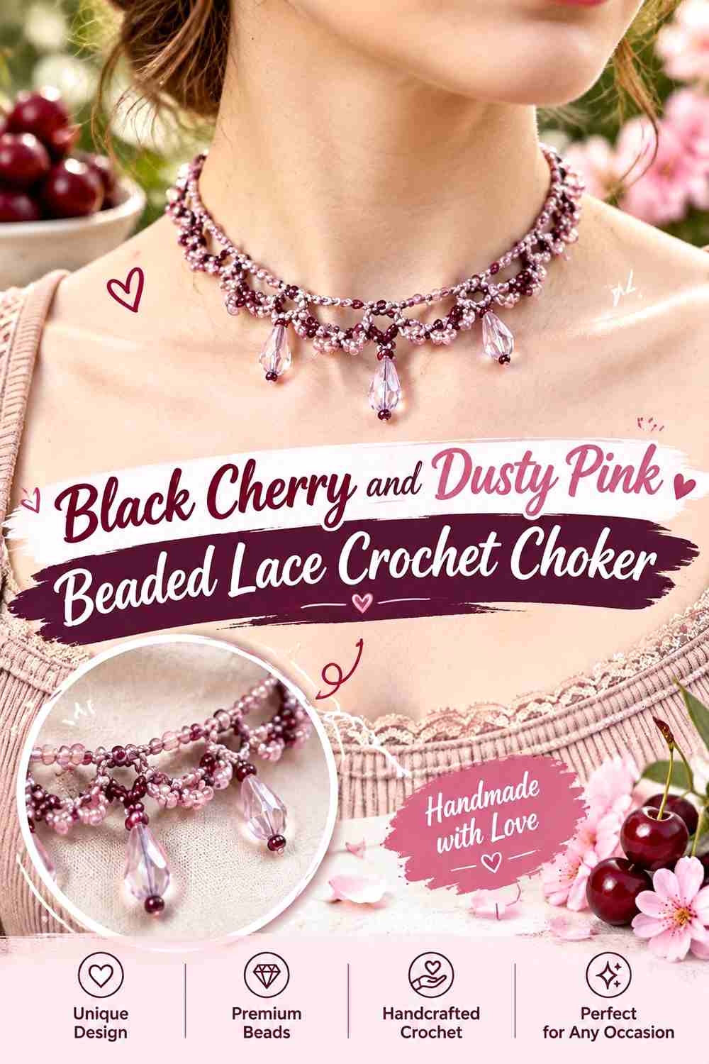 1. Black Cherry And Dusty Pink Beaded Lace Crochet Choker