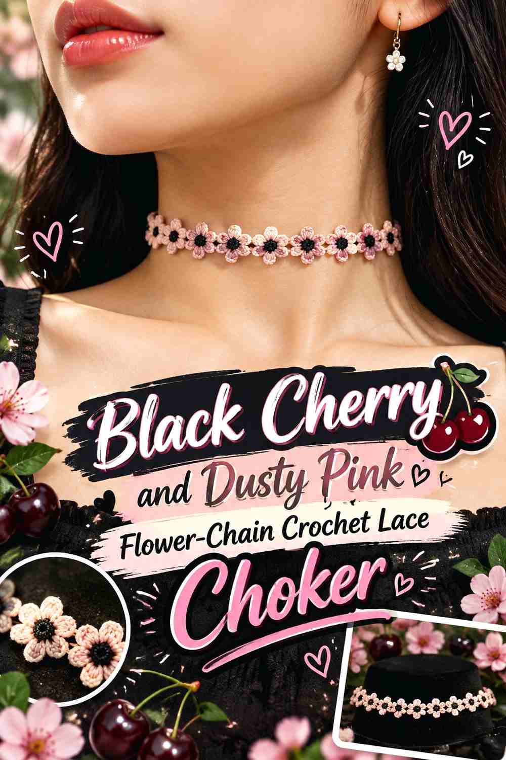 2. Black Cherry And Dusty Pink Flower Chain Crochet Lace Choker