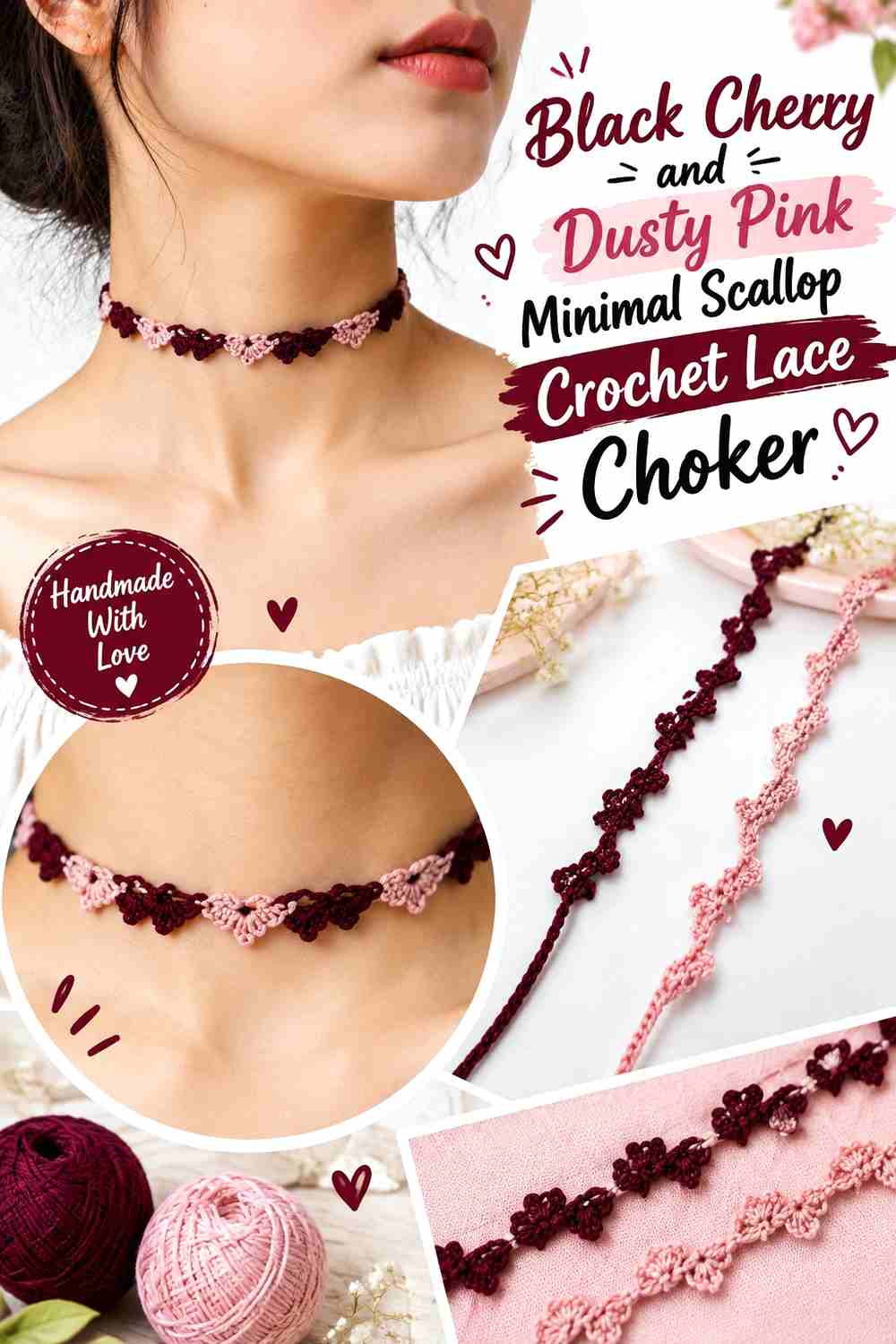 7. Black Cherry And Dusty Pink Minimal Scallop Crochet Lace Choker