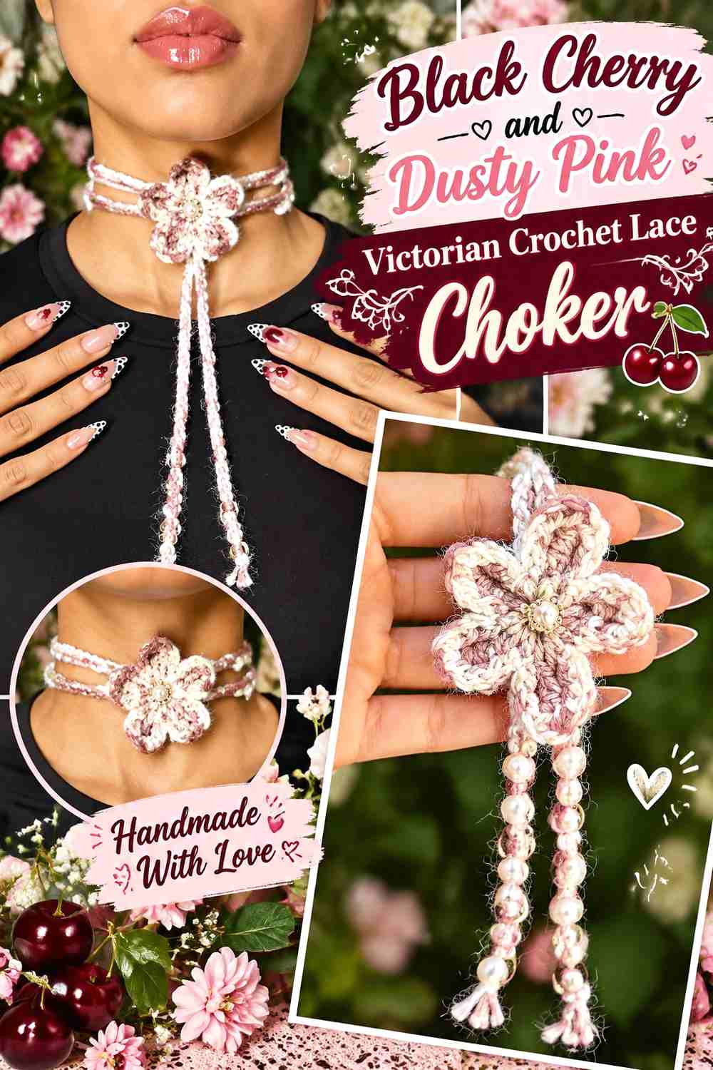 5. Black Cherry And Dusty Pink Victorian Crochet Lace Choker