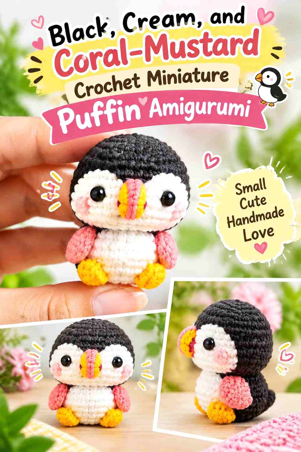 Black, Cream, and Coral-Mustard Crochet Miniature Puffin Amigurumi