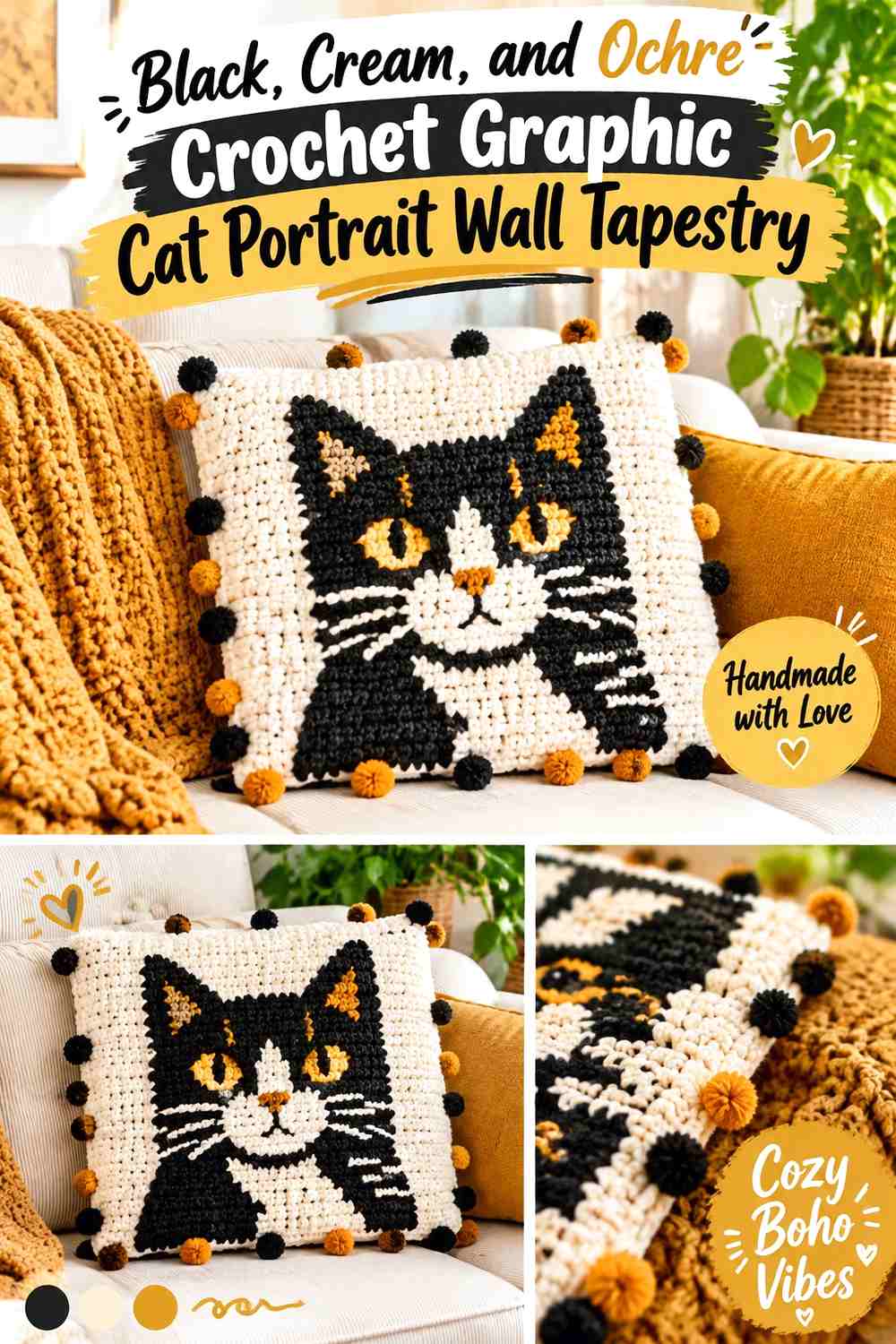 Black, Cream, and Ochre Crochet Graphic Cat Portrait Wall Tapestry