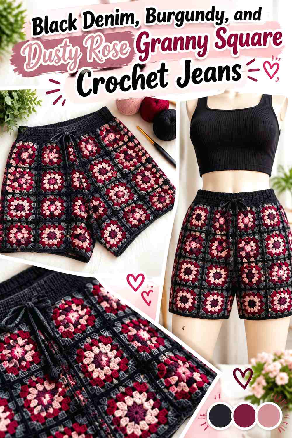 Black Denim, Burgundy, and Dusty Rose Granny Square Crochet Jeans