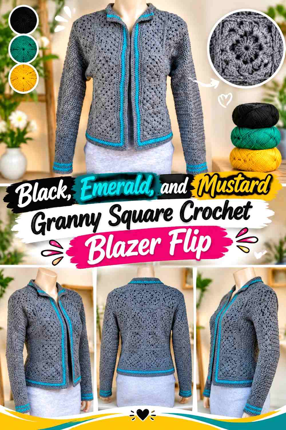 Black, Emerald, and Mustard Granny Square Crochet Blazer Flip
