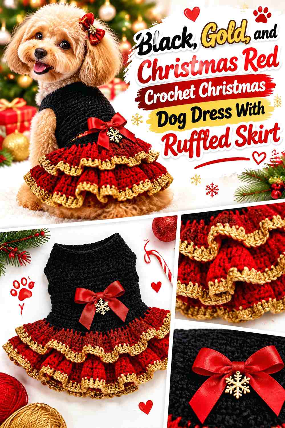 Black, Gold, and Christmas Red Crochet Christmas Dog Dress With Ruffled Skirt