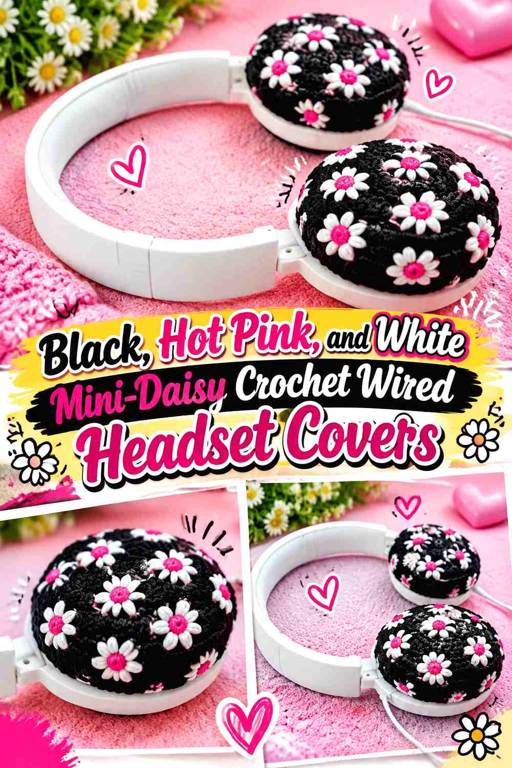 Black, Hot Pink, and White Mini-Daisy Crochet Wired Headset Covers