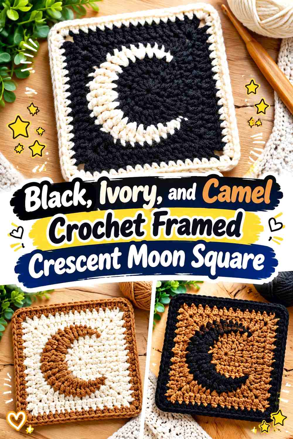 Black, Ivory, and Camel Crochet Framed Crescent Moon Square