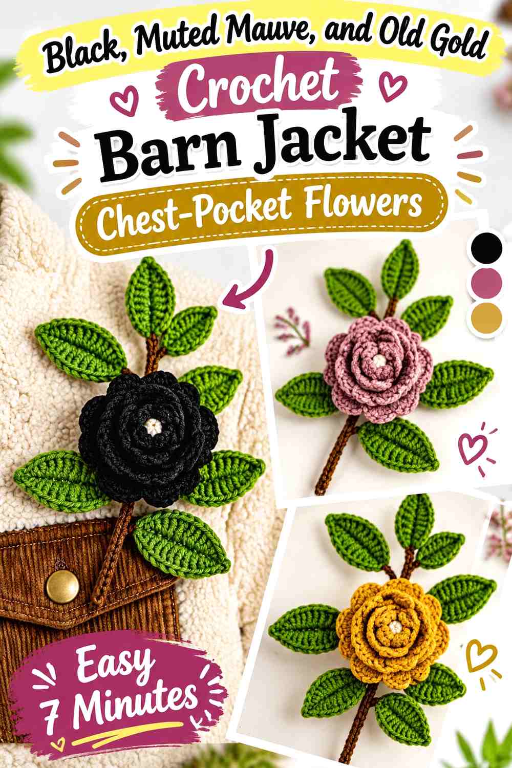 Black, Muted Mauve, and Old Gold Crochet Barn Jacket Chest-Pocket Flowers